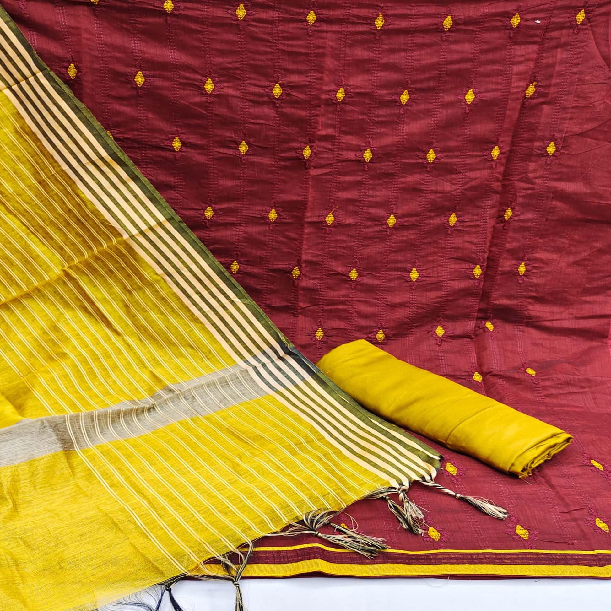 Maroon Casual Wear Embroidered Chanderi Dress Material