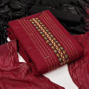 Maroon Casual Wear Embroidered Cotton Dress Material