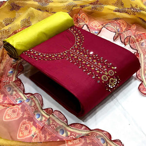 Maroon Casual Wear Embroidered Cotton Dress Material