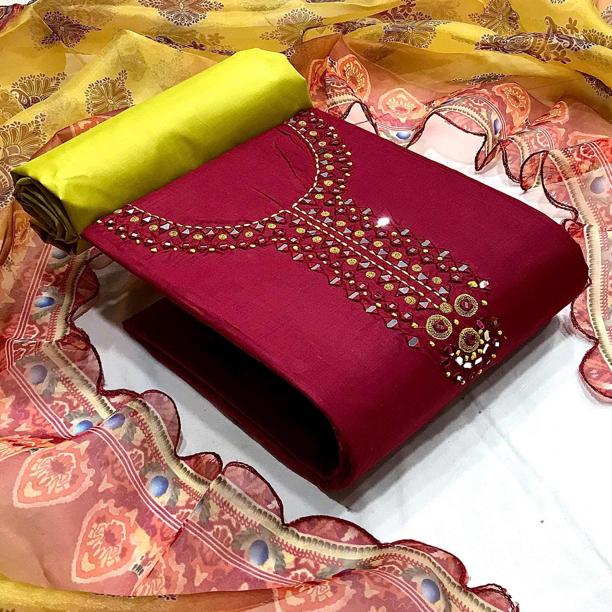 Maroon Casual Wear Embroidered Cotton Dress Material