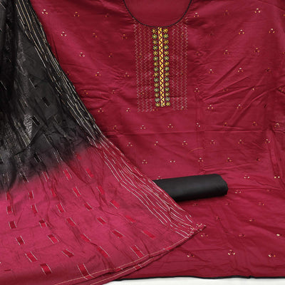 Maroon Casual Wear Embroidered Cotton Dress Material
