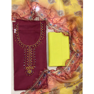 Maroon Casual Wear Embroidered Cotton Dress Material