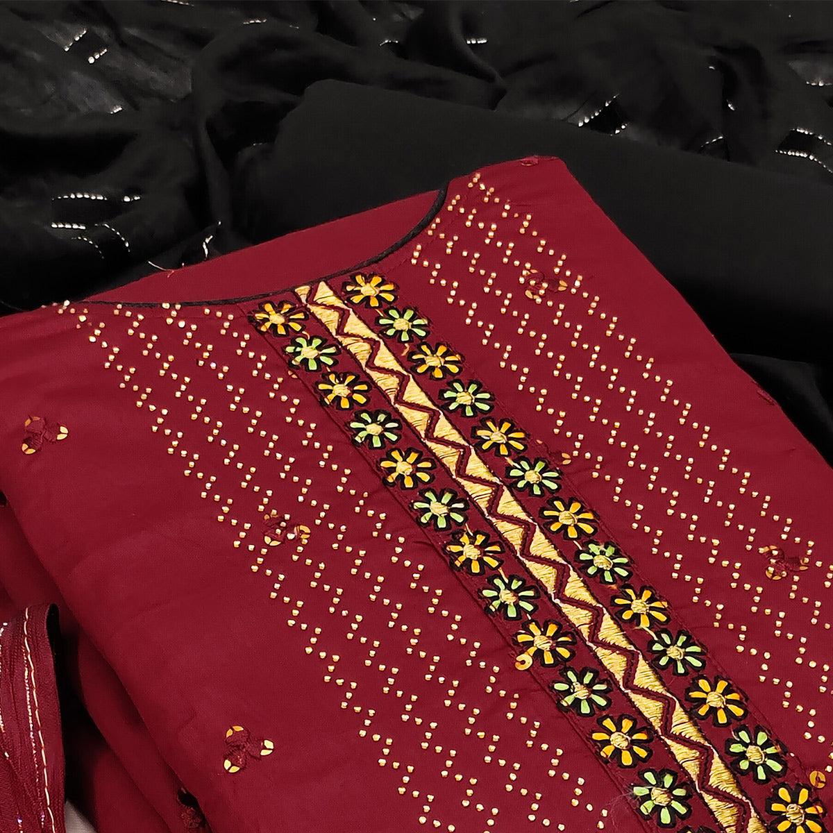 Maroon Casual Wear Embroidered Cotton Dress Material