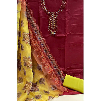 Maroon Casual Wear Embroidered Cotton Dress Material