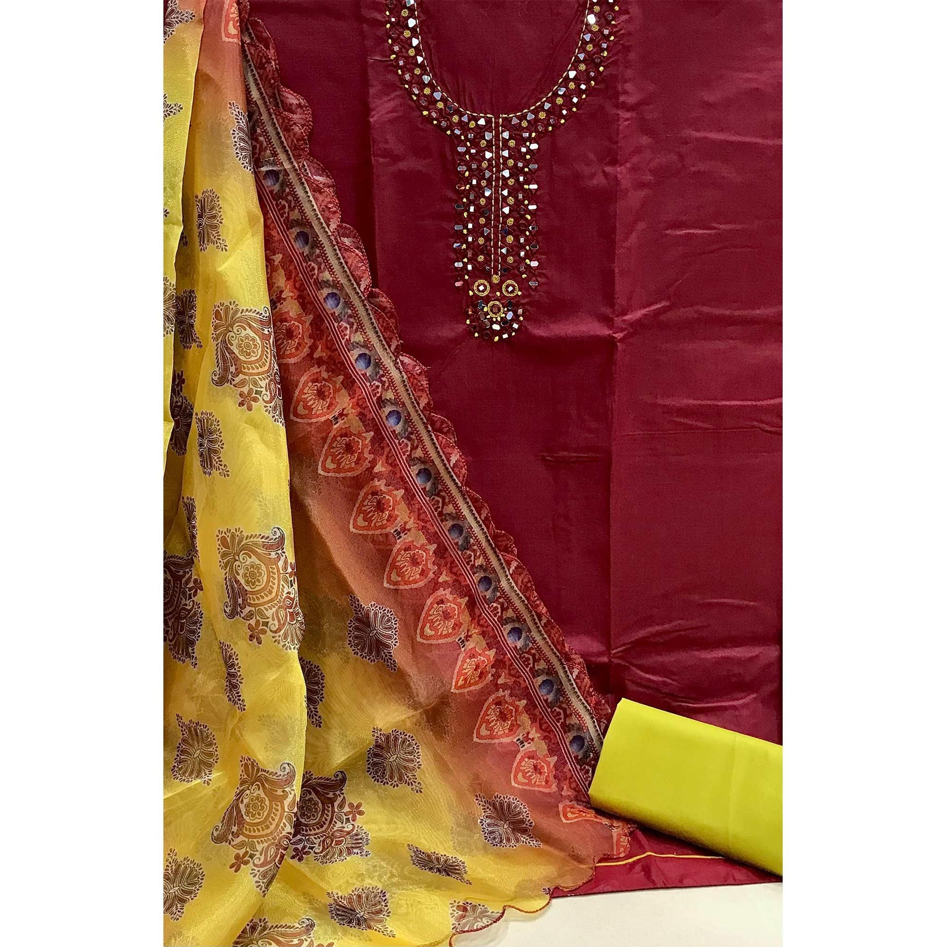 Maroon Casual Wear Embroidered Cotton Dress Material