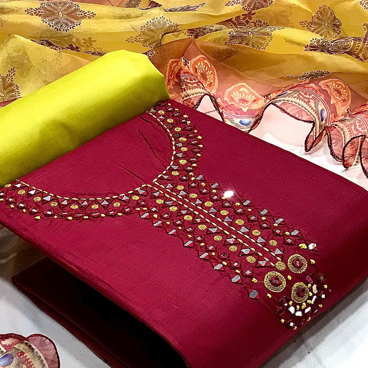 Maroon Casual Wear Embroidered Cotton Dress Material