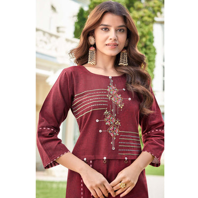 Maroon Casual Wear Embroidered Cotton Kurti Pant Set