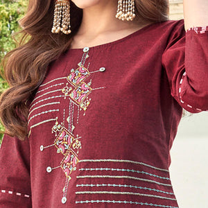 Maroon Casual Wear Embroidered Cotton Kurti Pant Set