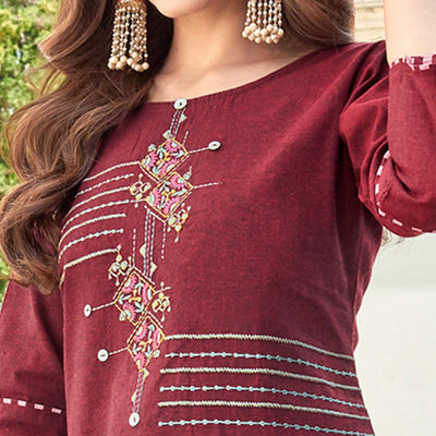 Maroon Casual Wear Embroidered Cotton Kurti Pant Set