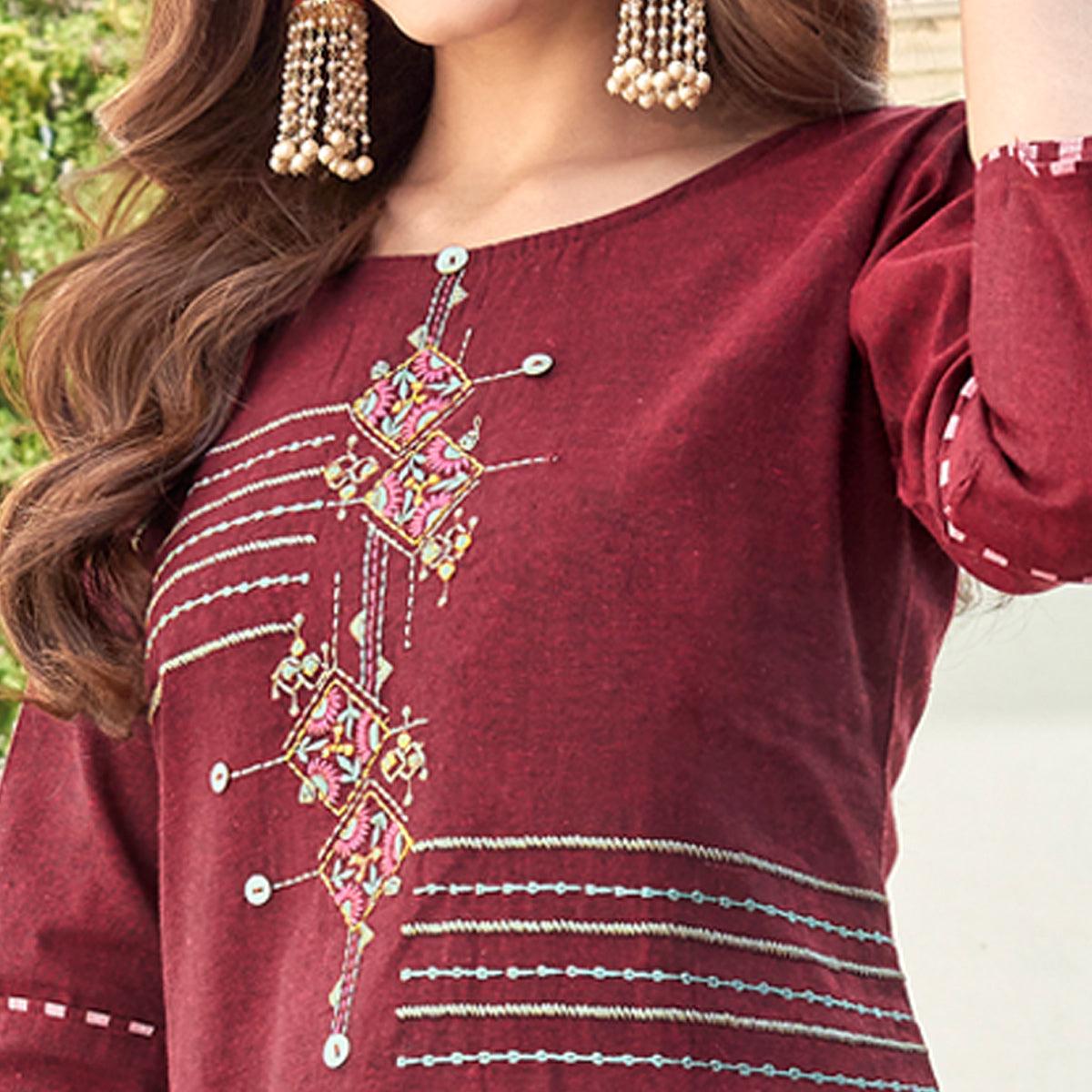 Maroon Casual Wear Embroidered Cotton Kurti Pant Set