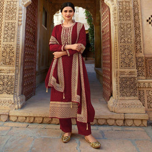Maroon Casual Wear Embroidered Faux Georgette Salwar Suit