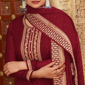 Maroon Casual Wear Embroidered Faux Georgette Salwar Suit