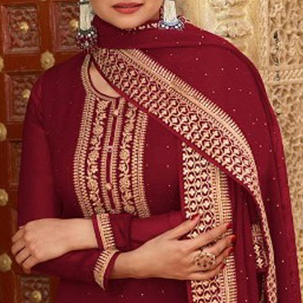 Maroon Casual Wear Embroidered Faux Georgette Salwar Suit