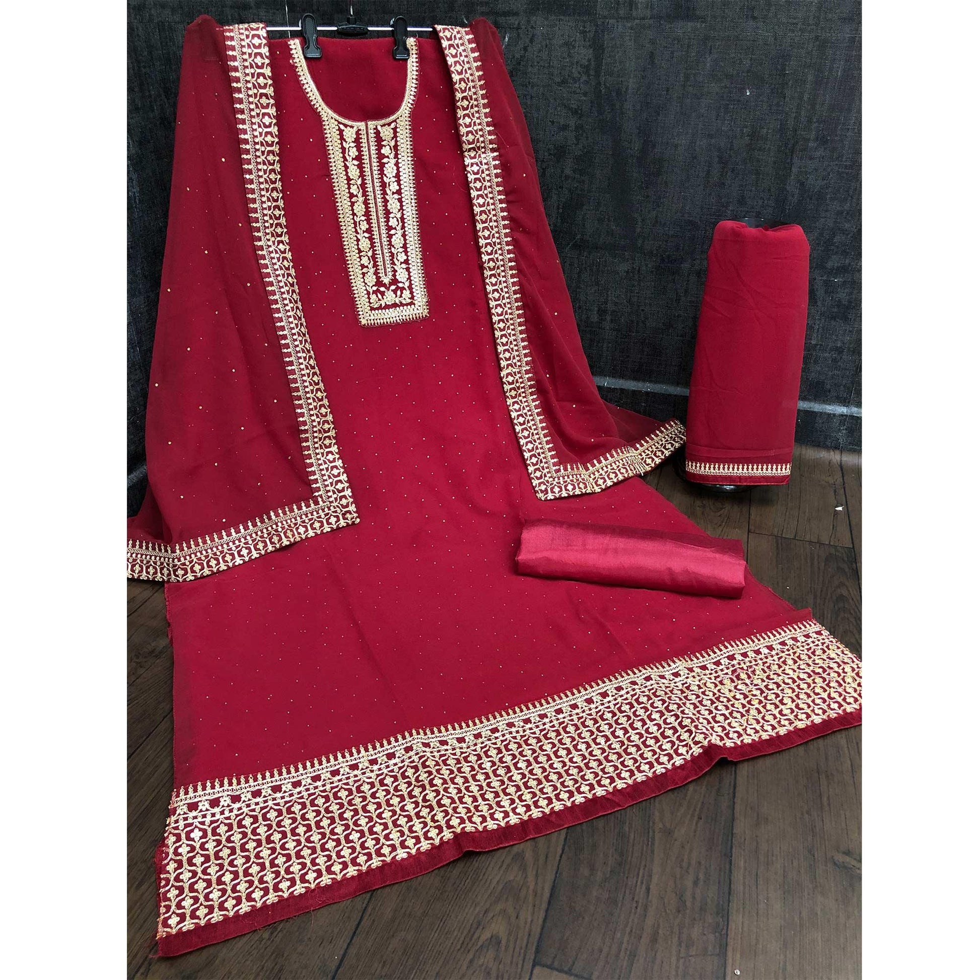 Maroon Casual Wear Embroidered Faux Georgette Salwar Suit
