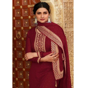 Maroon Casual Wear Embroidered Faux Georgette Salwar Suit