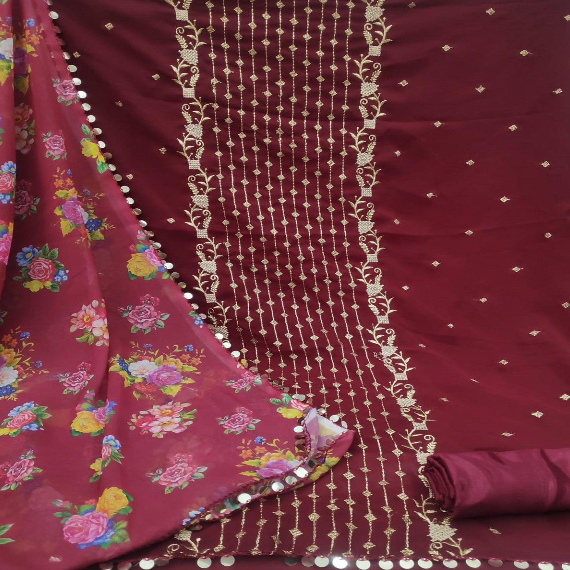 Maroon Casual Wear Embroidered Georgette Dress Material