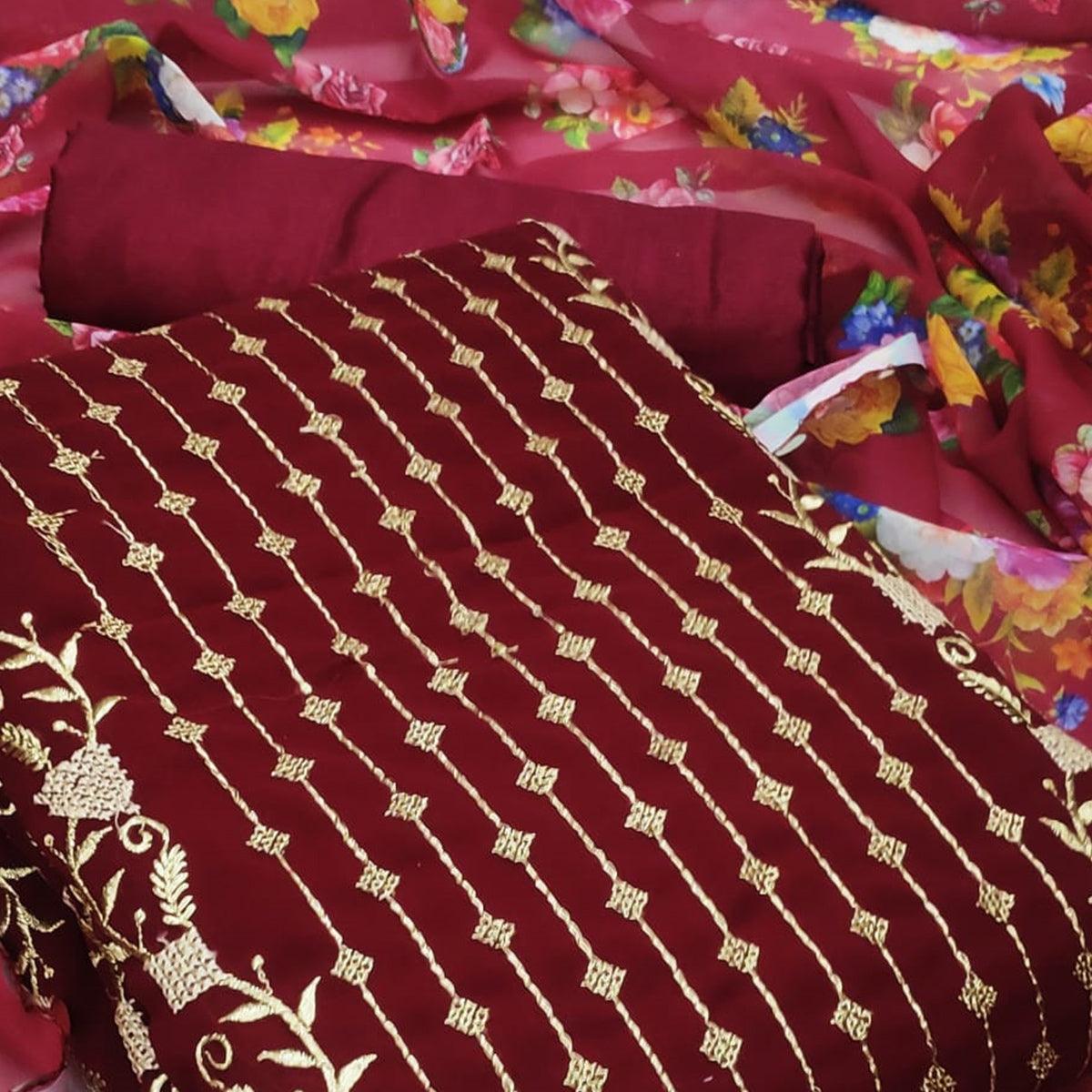 Maroon Casual Wear Embroidered Georgette Dress Material