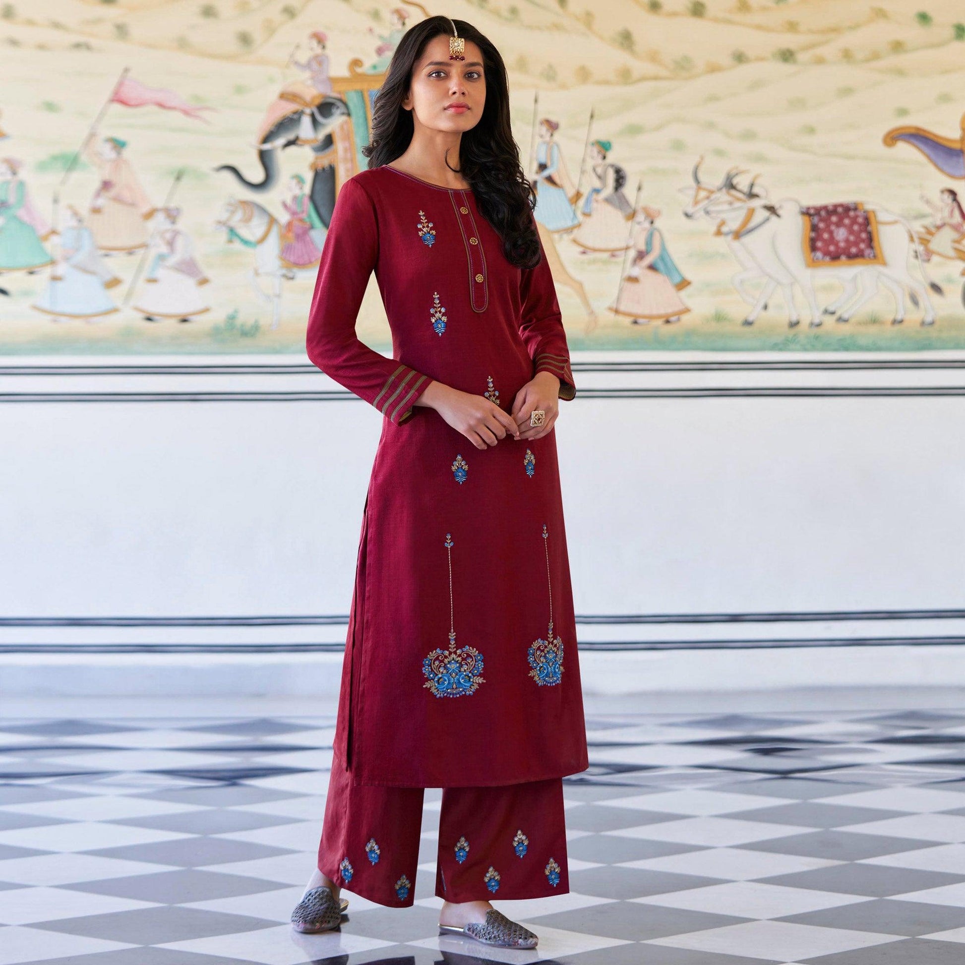 Maroon Casual Wear Embroidered Heavy Rayon Kurti - Palazzo Set