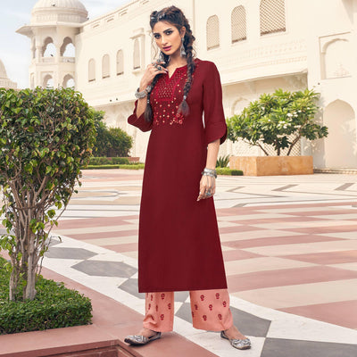 Maroon Casual Wear Embroidered Heavy Rayon Kurti - Palazzo Set