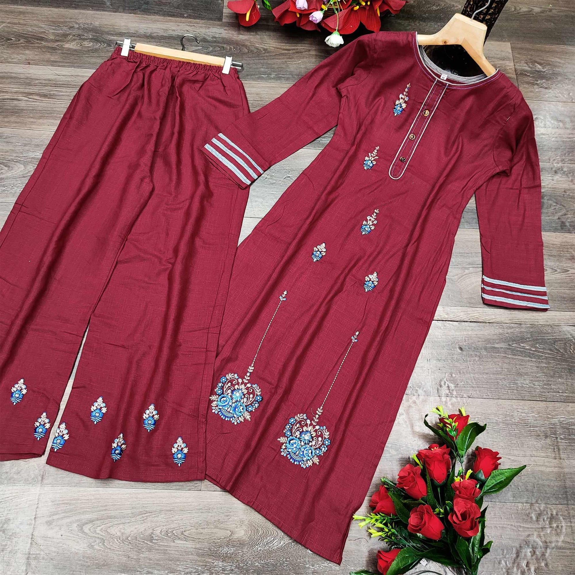 Maroon Casual Wear Embroidered Heavy Rayon Kurti - Palazzo Set