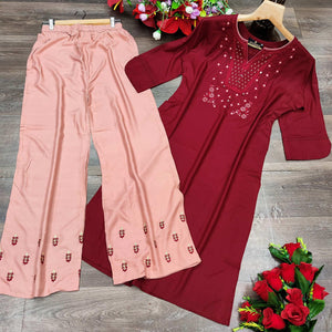 Maroon Casual Wear Embroidered Heavy Rayon Kurti - Palazzo Set