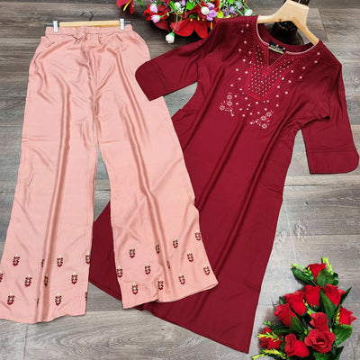 Maroon Casual Wear Embroidered Heavy Rayon Kurti - Palazzo Set