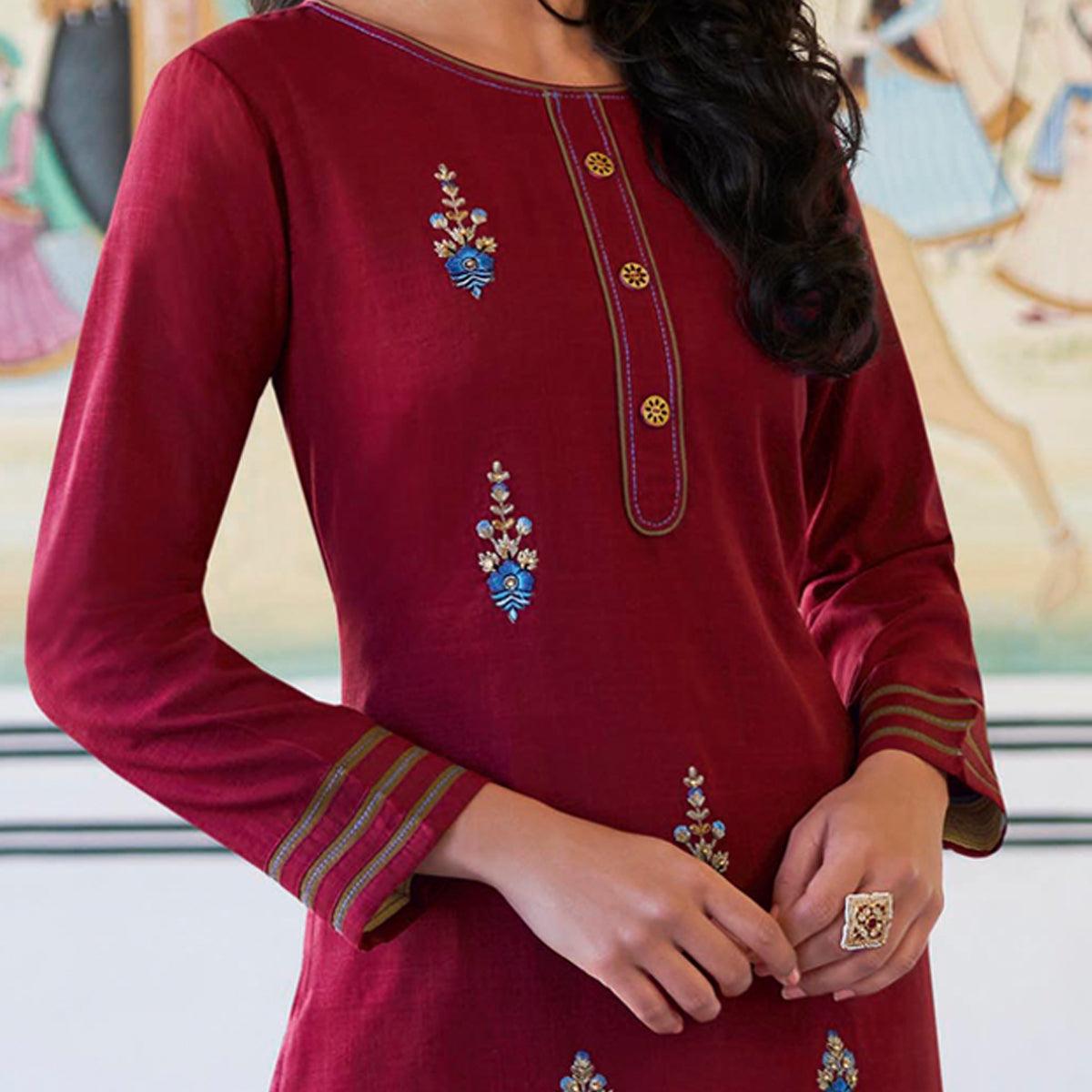 Maroon Casual Wear Embroidered Heavy Rayon Kurti - Palazzo Set