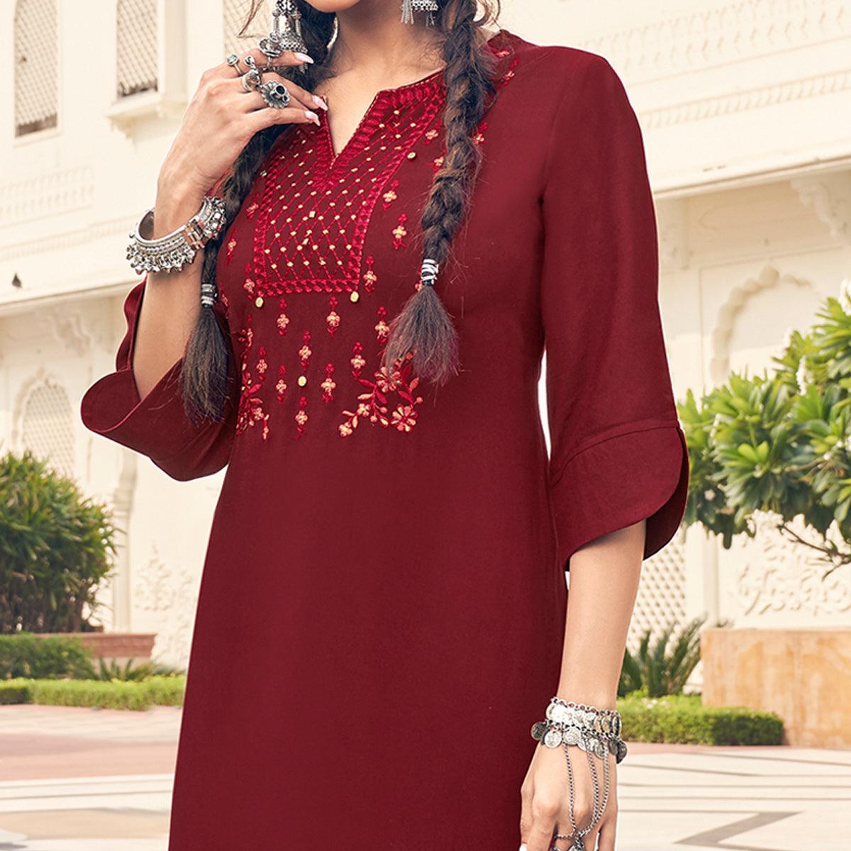 Maroon Casual Wear Embroidered Heavy Rayon Kurti - Palazzo Set