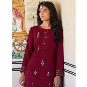 Maroon Casual Wear Embroidered Heavy Rayon Kurti - Palazzo Set