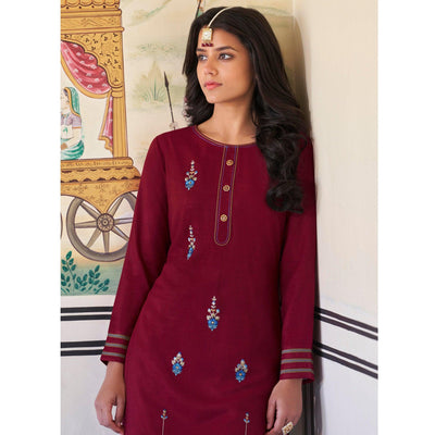 Maroon Casual Wear Embroidered Heavy Rayon Kurti - Palazzo Set