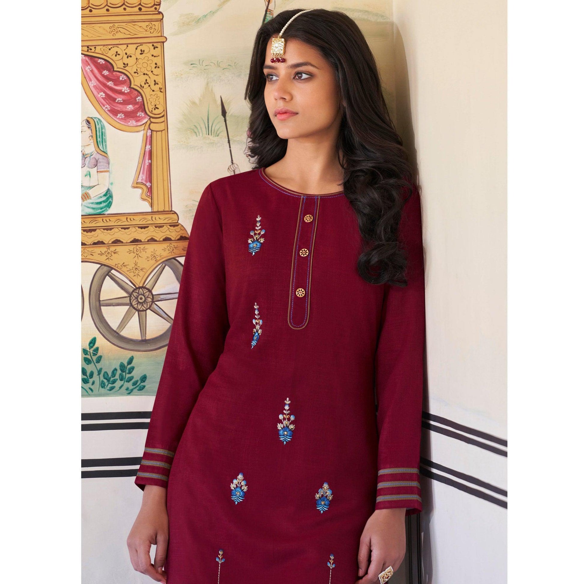 Maroon Casual Wear Embroidered Heavy Rayon Kurti - Palazzo Set