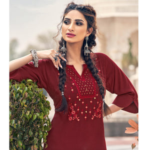 Maroon Casual Wear Embroidered Heavy Rayon Kurti - Palazzo Set