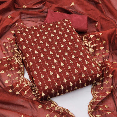 Maroon Casual Wear Embroidered Modal Chanderi Dress Material