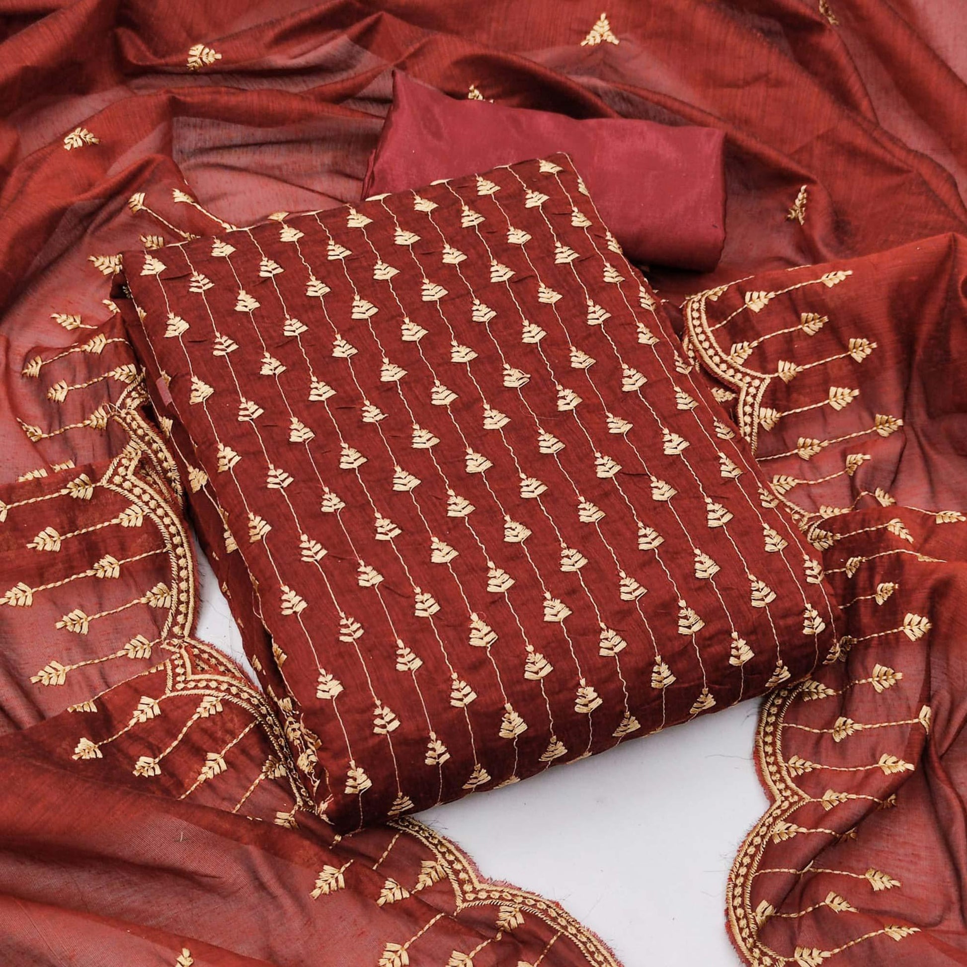 Maroon Casual Wear Embroidered Modal Chanderi Dress Material