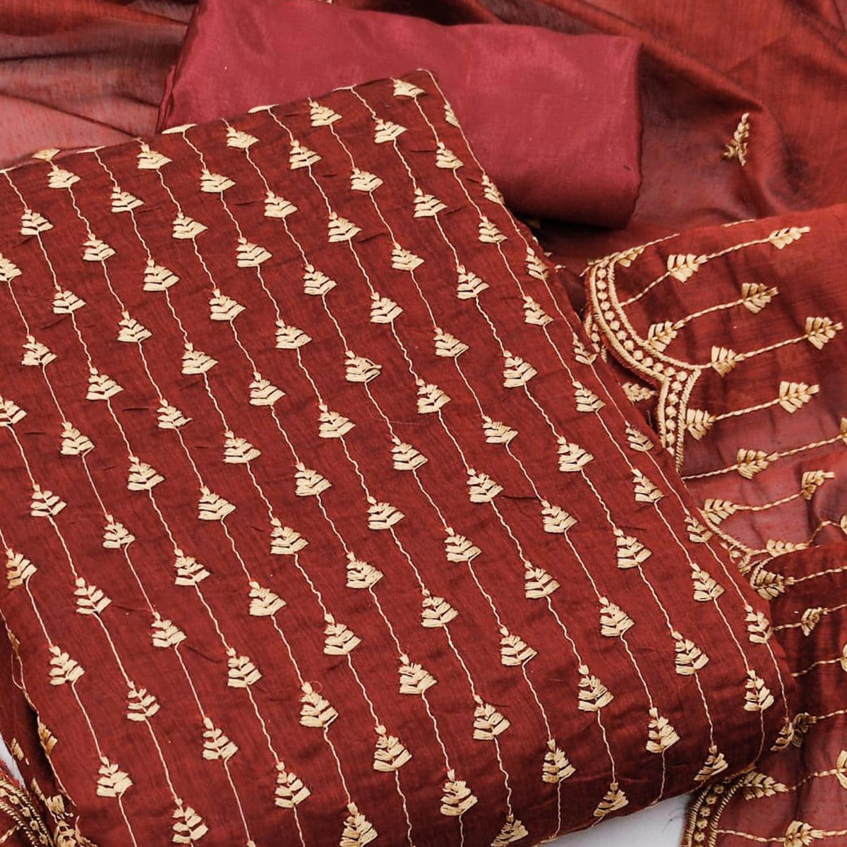 Maroon Casual Wear Embroidered Modal Chanderi Dress Material