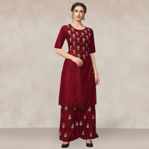 Maroon Casual Wear Embroidered Rayon Kurti-Palazzo Set