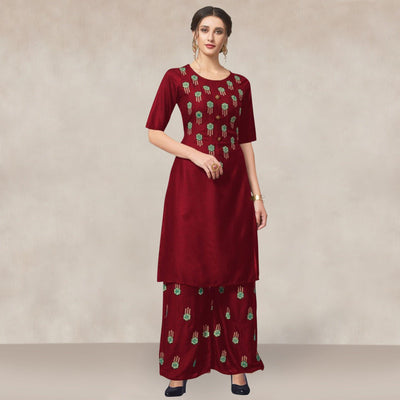 Maroon Casual Wear Embroidered Rayon Kurti-Palazzo Set