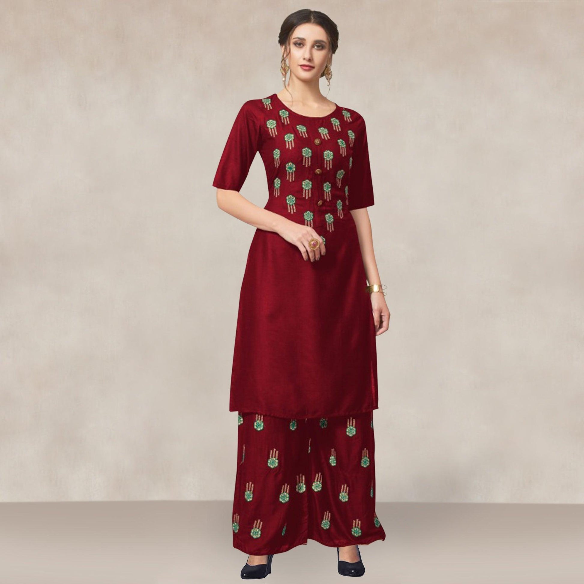 Maroon Casual Wear Embroidered Rayon Kurti-Palazzo Set
