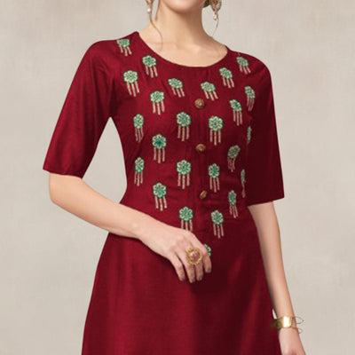 Maroon Casual Wear Embroidered Rayon Kurti-Palazzo Set