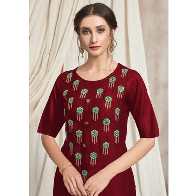Maroon Casual Wear Embroidered Rayon Kurti-Palazzo Set