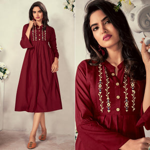 Maroon Casual Wear Embroidered Rayon Maternity Kurti