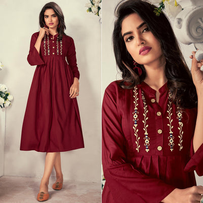 Maroon Casual Wear Embroidered Rayon Maternity Kurti