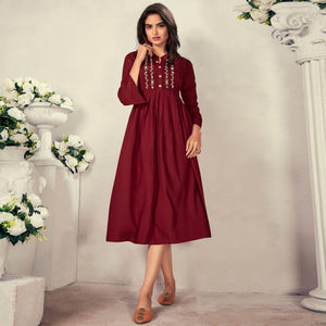 Maroon Casual Wear Embroidered Rayon Maternity Kurti