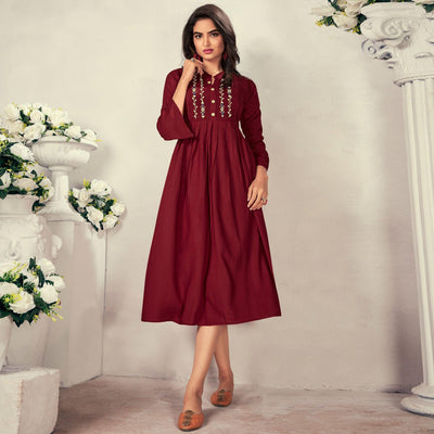 Maroon Casual Wear Embroidered Rayon Maternity Kurti