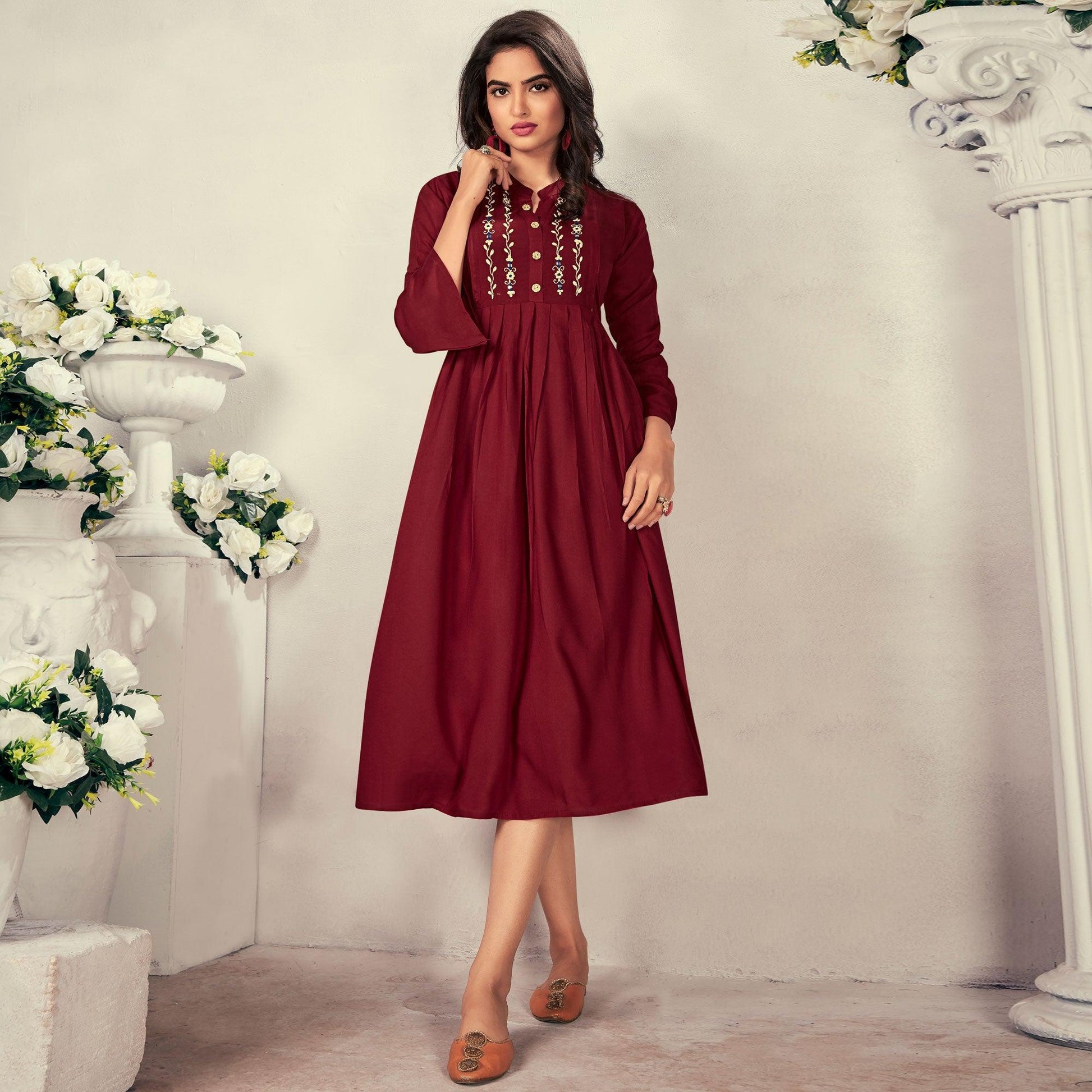 Maroon Casual Wear Embroidered Rayon Maternity Kurti