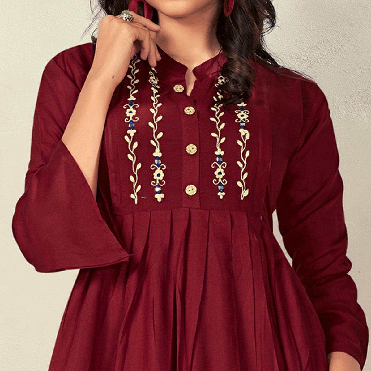Maroon Casual Wear Embroidered Rayon Maternity Kurti