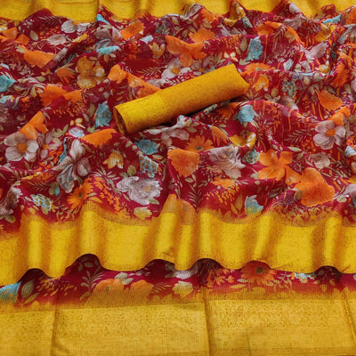 Maroon Casual Wear Floral Digital Printed linen Saree