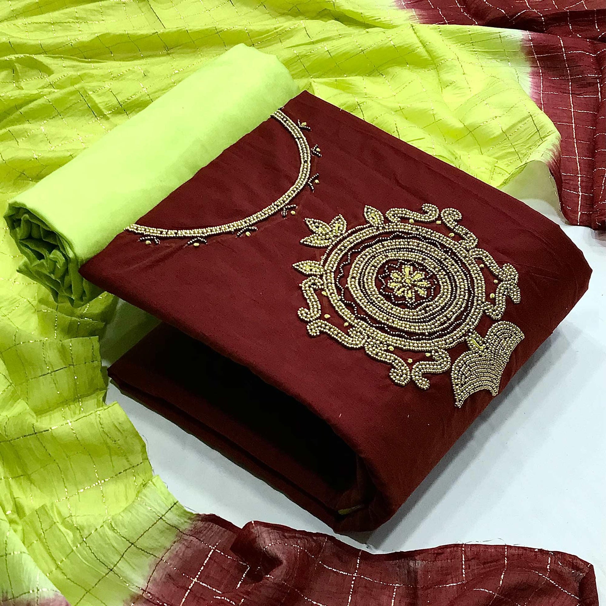 Maroon Casual Wear Floral embellished Handwork Chanderi Dress Material