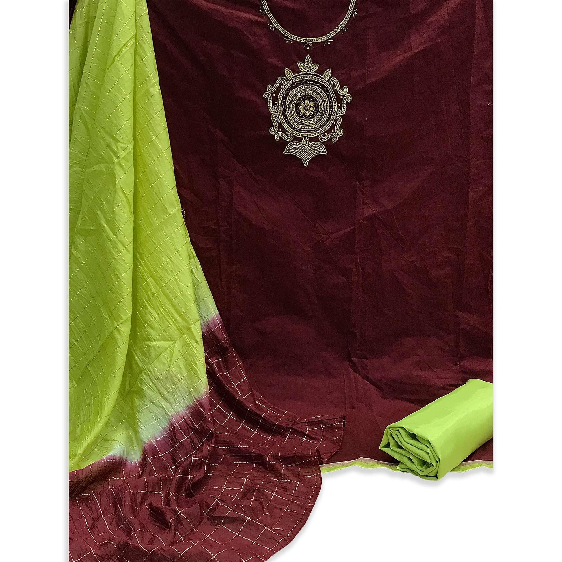 Maroon Casual Wear Floral embellished Handwork Chanderi Dress Material