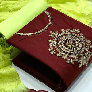 Maroon Casual Wear Floral embellished Handwork Chanderi Dress Material